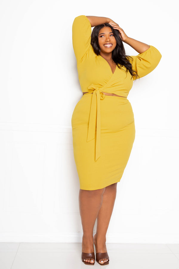 buxom couture curvy women plus size everyday cropped top and skirt set yellow mustard