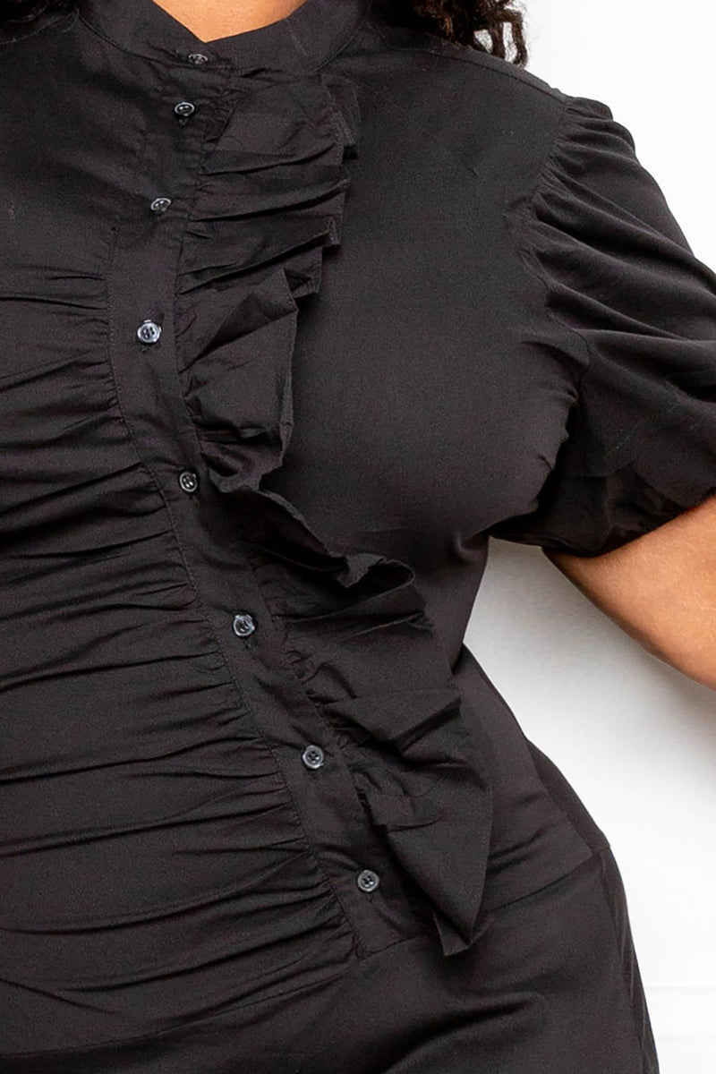 buxom couture curvy women plus size asymmetrical ruffle shirt dress black