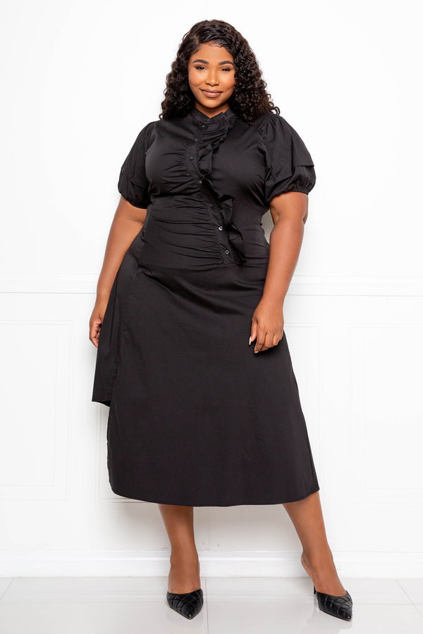 buxom couture curvy women plus size asymmetrical ruffle shirt dress black