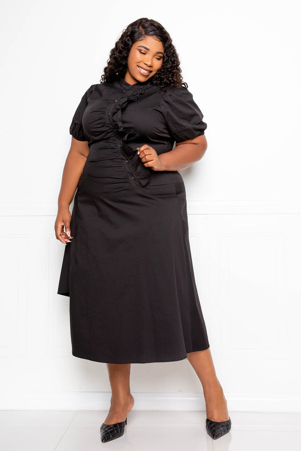 buxom couture curvy women plus size asymmetrical ruffle shirt dress black