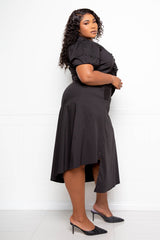 buxom couture curvy women plus size asymmetrical ruffle shirt dress black