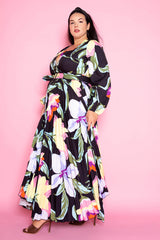 buxom couture curvy women plus size floral pleated maxi dress with belt black