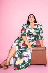 buxom couture curvy women plus size floral button up dress with sleeve accent olive green classic