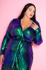 buxom couture curvy women plus size fringed sequin cardigan dress emerald green aerial holiday