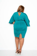 buxom couture curvy women plus size scuba cape sleeve bodycon midi dress teal green blue