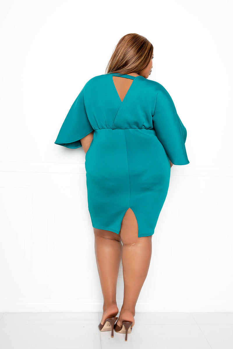 buxom couture curvy women plus size scuba cape sleeve bodycon midi dress teal green blue