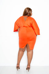 scuba cape sleeve bodycon midi dress orange rust hot