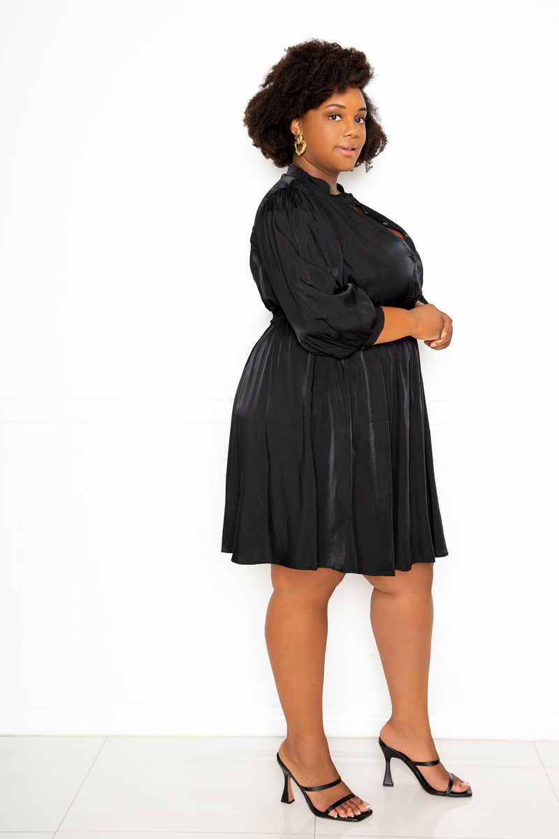 buxom couture curvy women plus size silk effect smocking mini shirt dress black