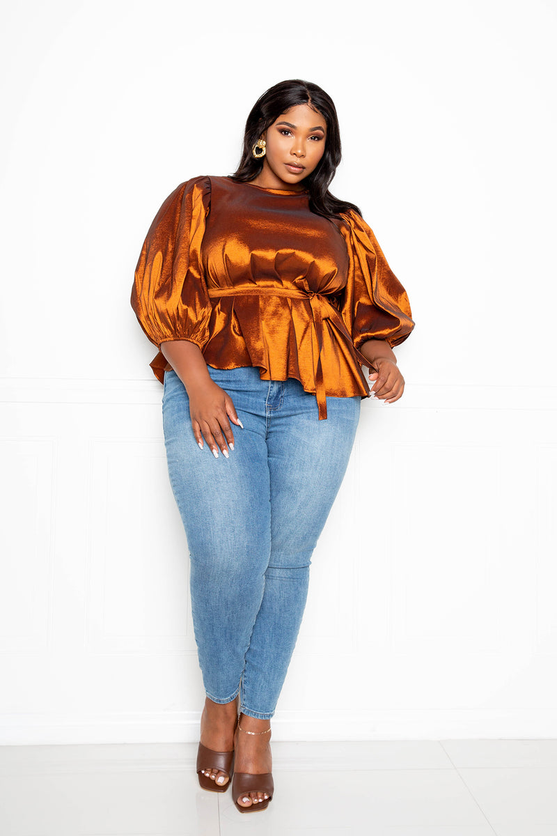 buxom couture curvy women plus size voluminous top with waist tie amber rust