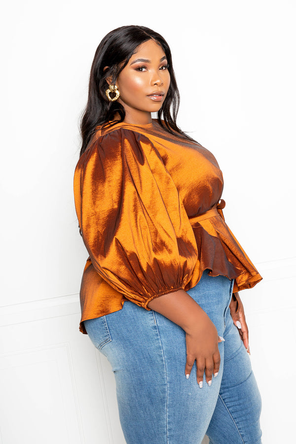 buxom couture curvy women plus size voluminous top with waist tie amber rust