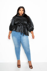 buxom couture curvy women plus size voluminous top with waist tie black shine