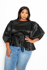 buxom couture curvy women plus size voluminous top with waist tie black shine