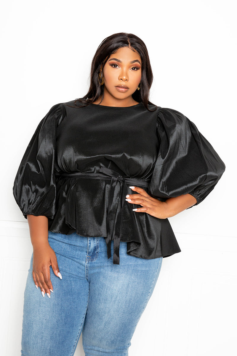 buxom couture curvy women plus size voluminous top with waist tie black shine