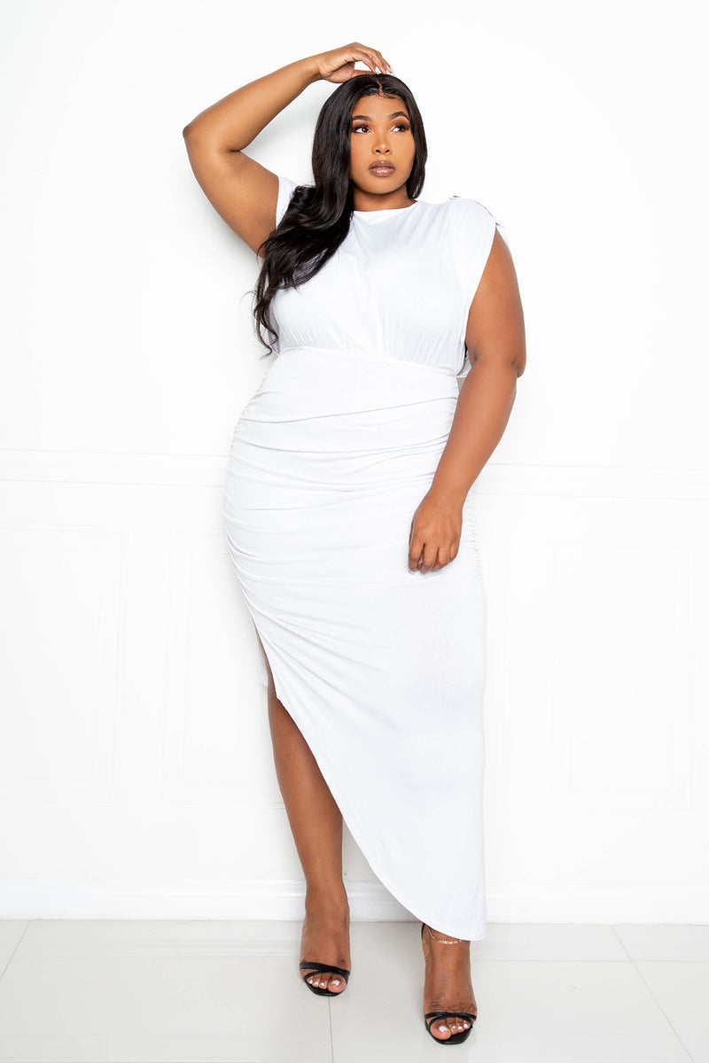 buxom couture curvy women plus size jersey drape dress with chain detail white