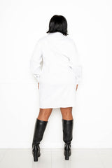 buxom couture curvy women plus size mini shirt dress with knot detail white