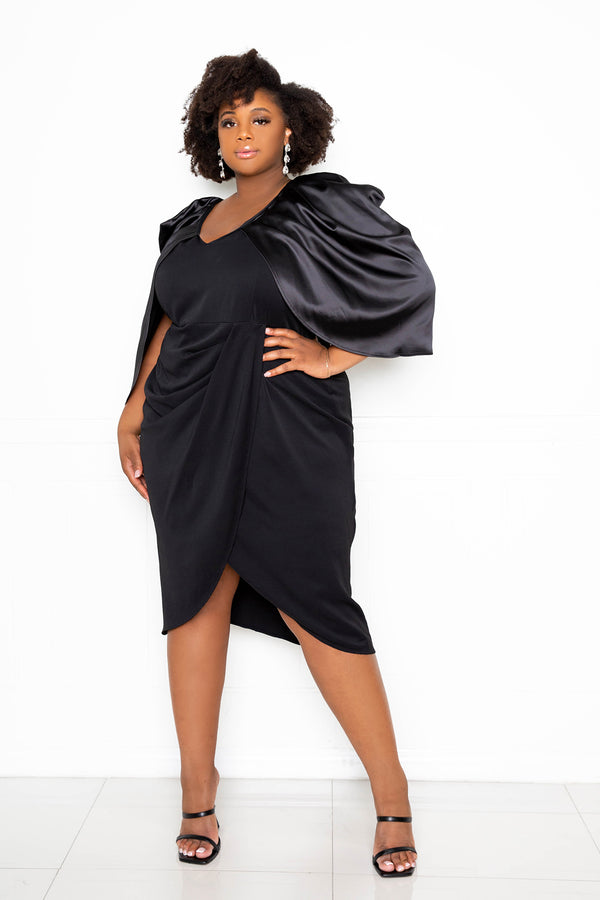 buxom couture curvy women plus size satin drape sleeve midi dress black lbd holiday