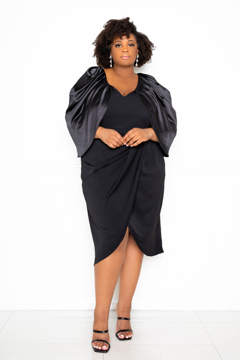 buxom couture curvy women plus size satin drape sleeve midi dress black lbd holiday