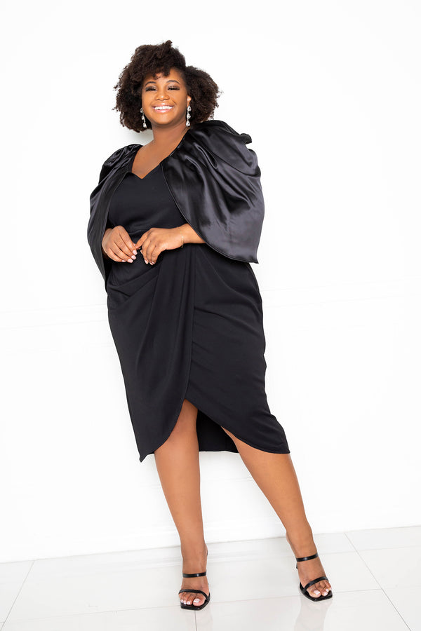 buxom couture curvy women plus size satin drape sleeve midi dress black lbd holiday