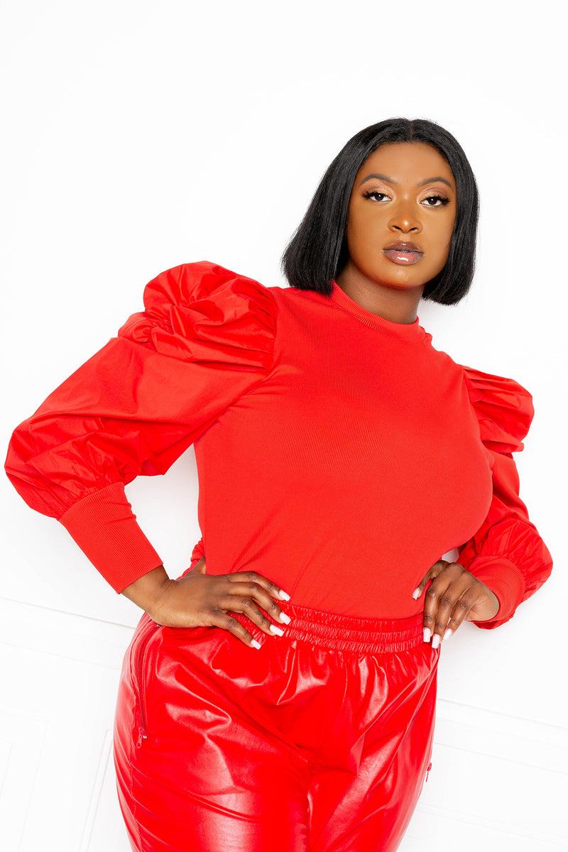buxom couture curvy women plus size ribbed top with ruched sleeves red