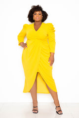 buxom couture curvy women plus size wrapped dress with shoulder accent mustard yellow