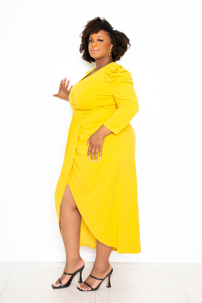 buxom couture curvy women plus size wrapped dress with shoulder accent mustard yellow