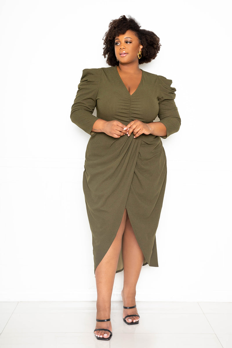 buxom couture curvy women plus size wrapped dress with shoulder accent olive green khaki