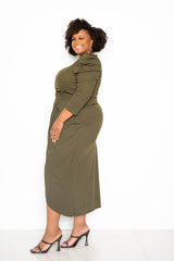 buxom couture curvy women plus size wrapped dress with shoulder accent olive green khaki