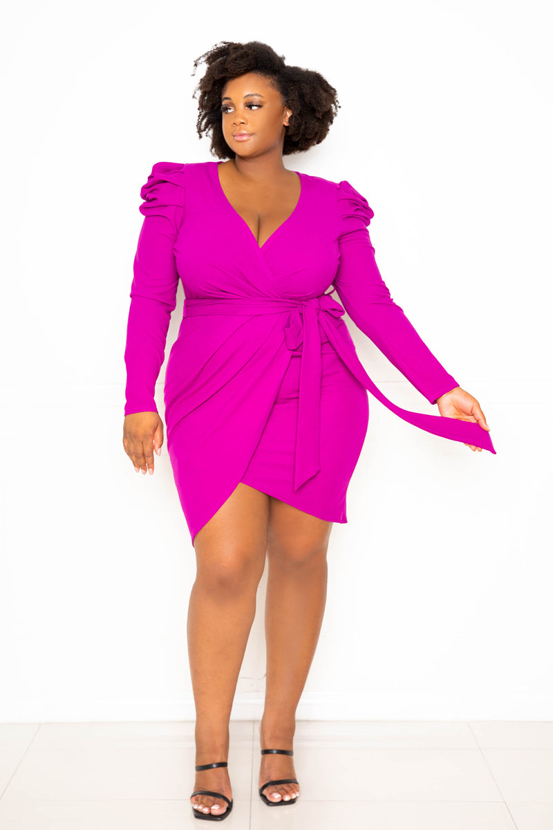 buxom couture curvy women plus size power shoulder wrapped mini dress magenta purple pink