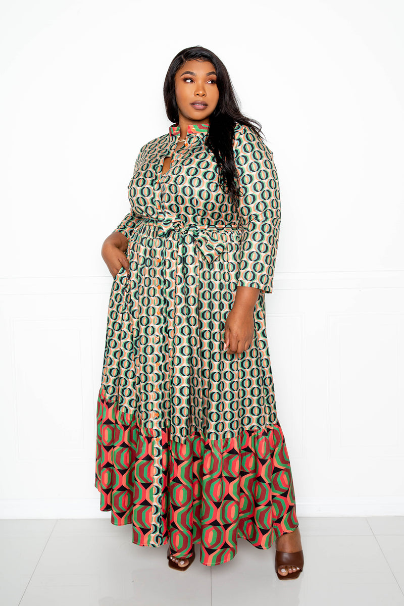 buxom couture curvy women plus size contrast print maxi shirt dress retro green