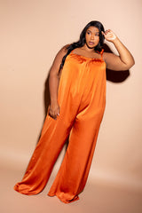 buxom couture curvy women plus size satin tie shoulder jumpsuit orange rust holiday