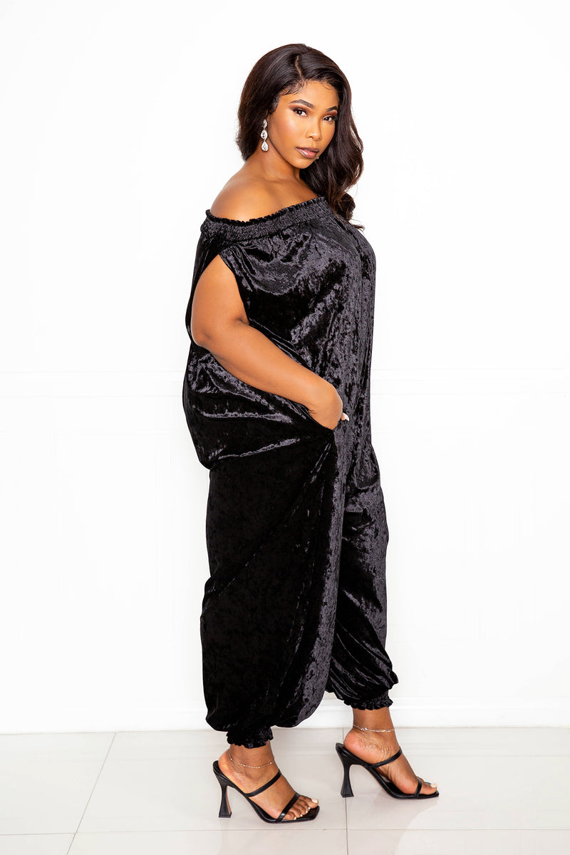 buxom couture curvy women plus size smocked velvet jumpsuit black holiday dress lbd