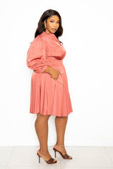 buxom couture curvy women plus size silk effect smocking mini shirt dress marsala pink rose
