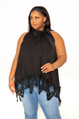 buxom couture curvy women plus size pleated top with lace hem neck tie black
