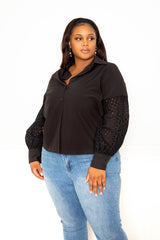 buxom curvy couture womens plus size white button down with eyelet puffed sleeves black
