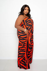 buxom couture curvy women plus size animal print flutter hem jumpsuit orange