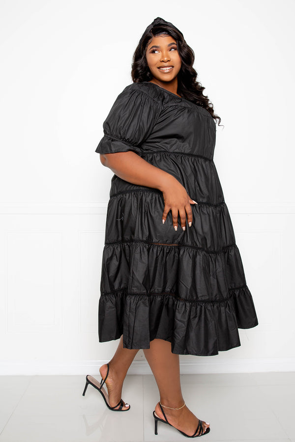 buxom couture curvy women plus size tiered poplin dress flare black spring