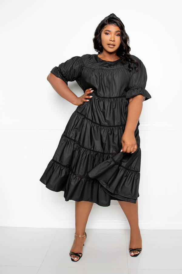 buxom couture curvy women plus size tiered poplin dress flare black spring