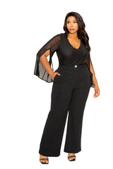 buxom couture curvy women plus size mesh slit sleeve jumpsuit black