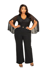 buxom couture curvy women plus size mesh slit sleeve jumpsuit black