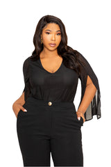 buxom couture curvy women plus size mesh slit sleeve jumpsuit black