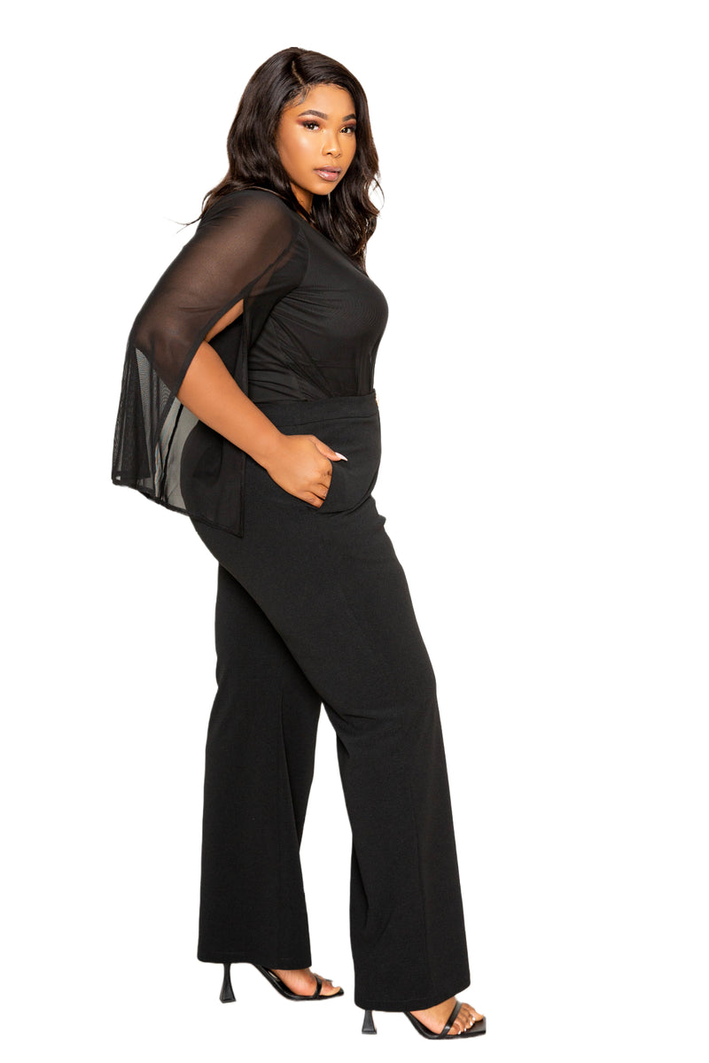 buxom couture curvy women plus size mesh slit sleeve jumpsuit black