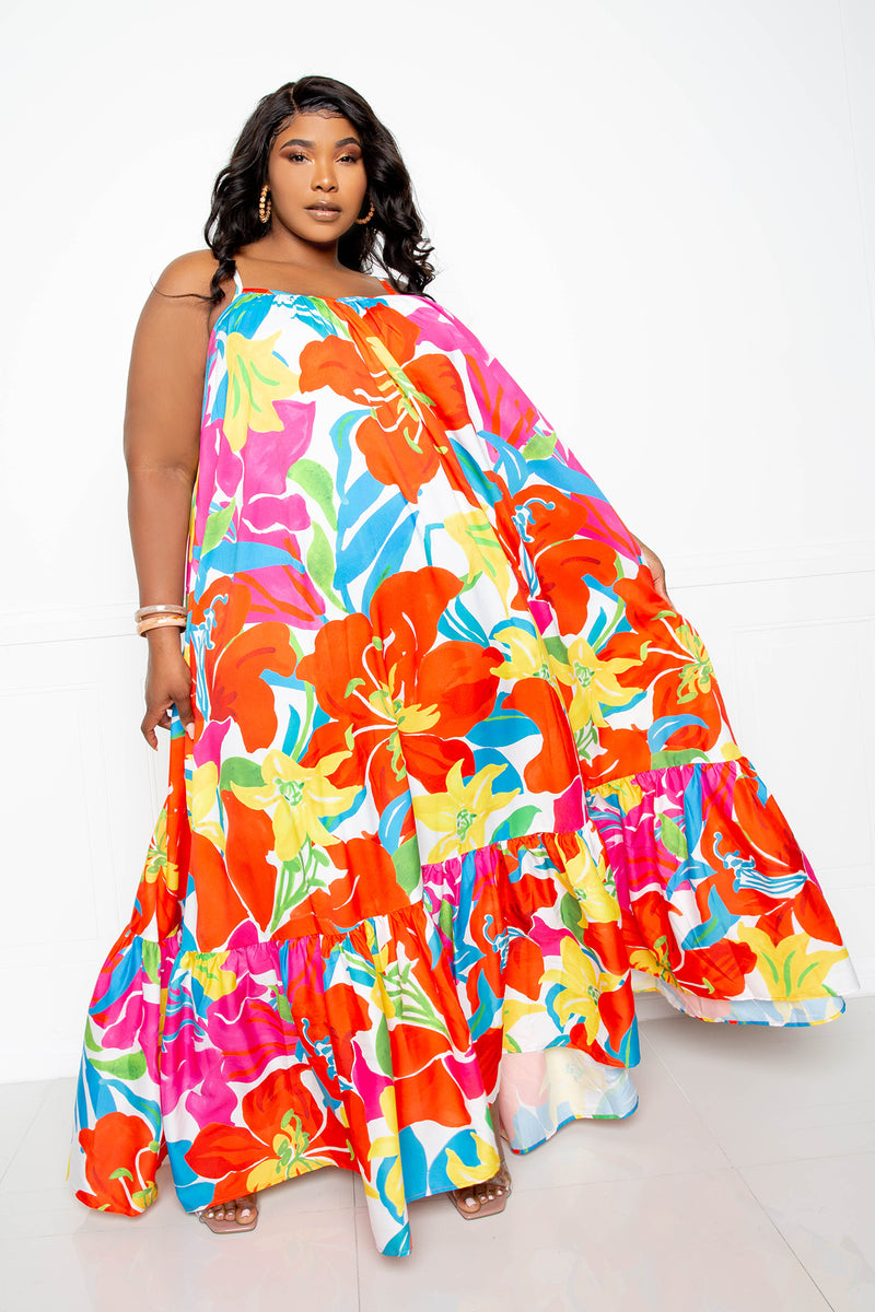 buxom couture curvy women plus size floral voluminous maxi dress colorful tropical