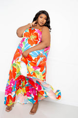 buxom couture curvy women plus size floral voluminous maxi dress colorful tropical