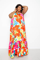 buxom couture curvy women plus size floral voluminous maxi dress colorful tropical