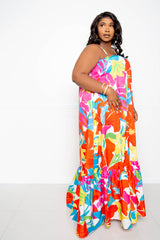 buxom couture curvy women plus size floral voluminous maxi dress colorful tropical