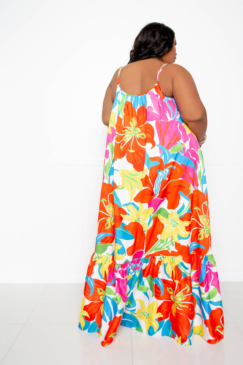 buxom couture curvy women plus size floral voluminous maxi dress colorful tropical