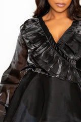 buxom couture curvy women plus size organza ruffled surplice wrapped blouse black