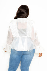 buxom couture curvy women plus size organza ruffled surplice wrapped blouse white holiday