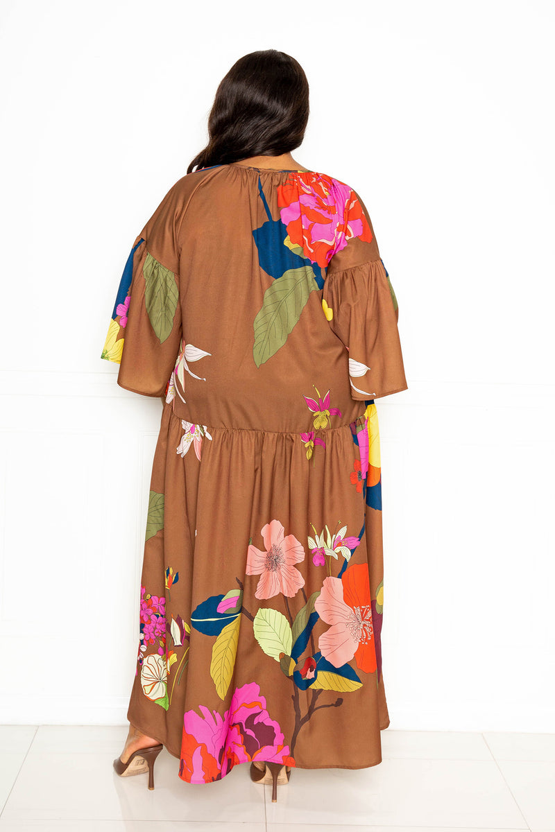 buxom couture curvy women plus size floral tunic maxi dress brown fall