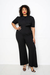 buxom couture curvy women plus size puff shoulder jumpsuit with bow detail black classic